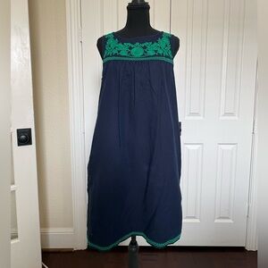 J. Crew Navy and Green Embroidered Dress